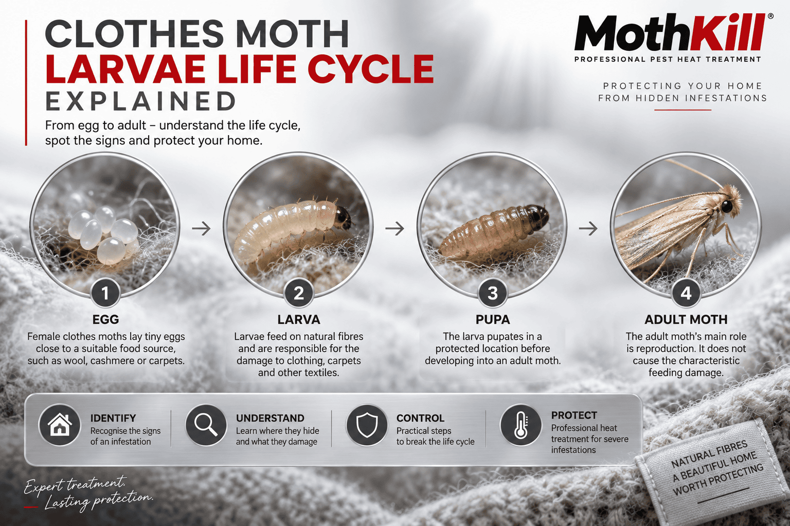 Clothes moth larvae life cycle showing egg, larva, pupa and adult moth stages