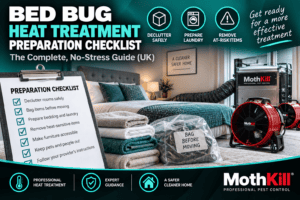 Bed bug heat treatment preparation checklist showing bedroom preparation, heat equipment and temperature monitoring