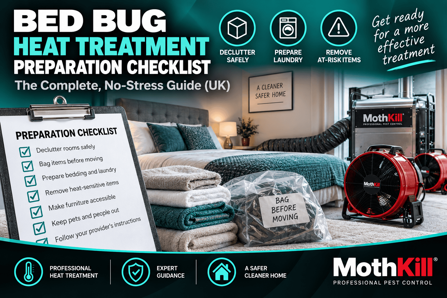 Bed bug heat treatment preparation checklist showing bedroom preparation, heat equipment and temperature monitoring
