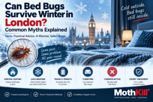 Can bed bugs survive winter in London? Bed bugs can remain active inside centrally heated homes during cold weather.