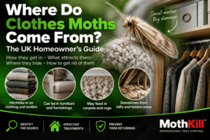 Where do clothes moths come from in UK homes, including clothing, furniture, carpets and hidden loft areas