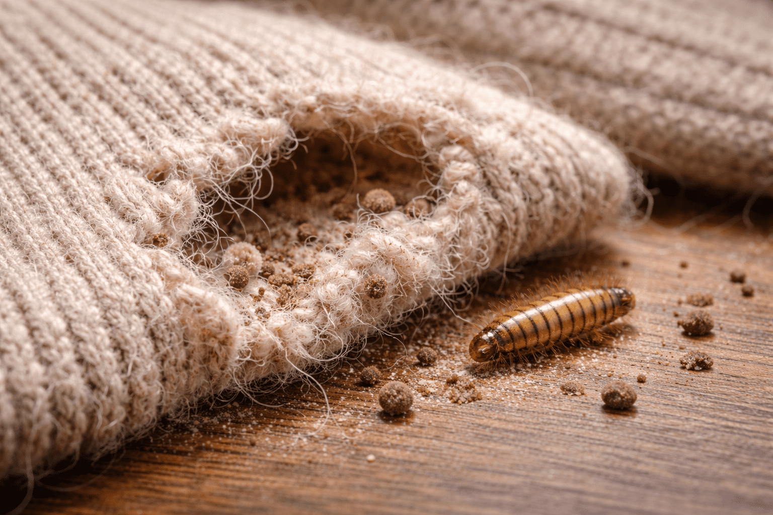 Carpet beetle larvae feeding on carpet fibres inside a house