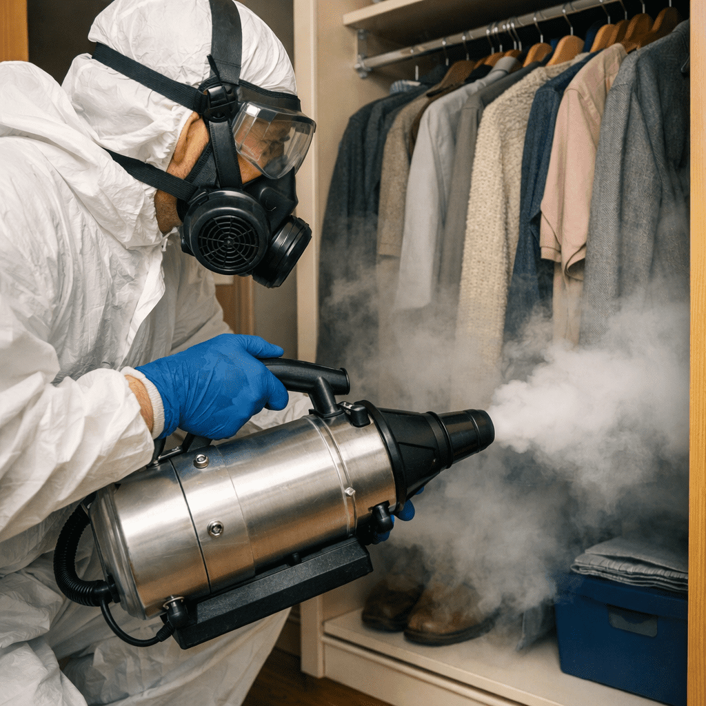 Pest control technician fogging wardrobe interior