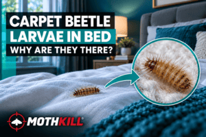 Carpet beetle larvae in bed showing a hairy larva near bedding and bedroom textiles