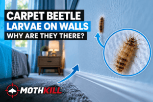 Carpet beetle larvae on walls showing a hairy larva crawling up an interior wall