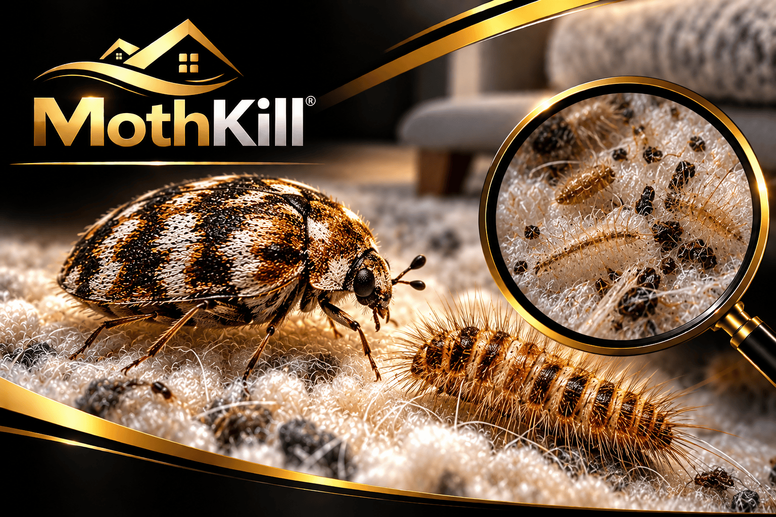Carpet beetle and hairy larvae on carpet fibres – MothKill Pest Knowledge Centre