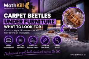 Carpet beetle larvae under furniture beside carpet edges and accumulated fibres