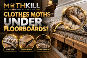 Clothes moth larva under floorboards showing hidden activity around carpet edges, floorboard gaps and underfloor spaces.