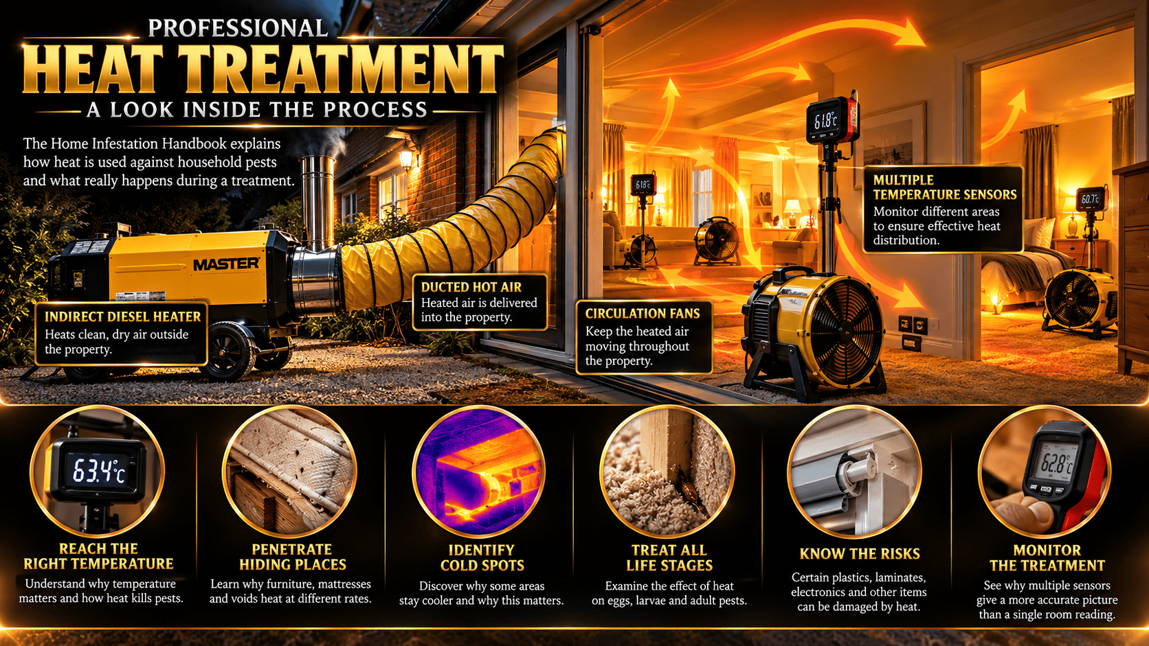 Professional pest-control heat treatment using an indirect diesel heater, ducted hot air, circulation fans and multiple temperature sensors