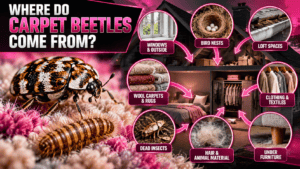 Where carpet beetles come from in the home including carpets, clothing, bird nests and loft spaces