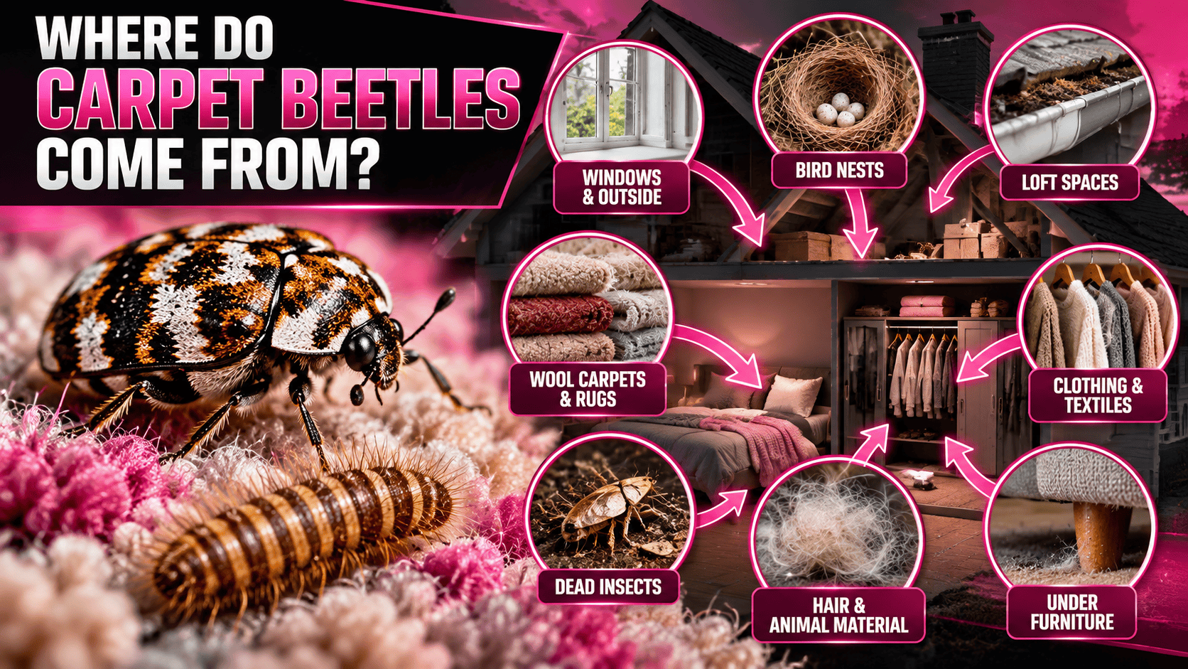 Where carpet beetles come from in the home including carpets, clothing, bird nests and loft spaces