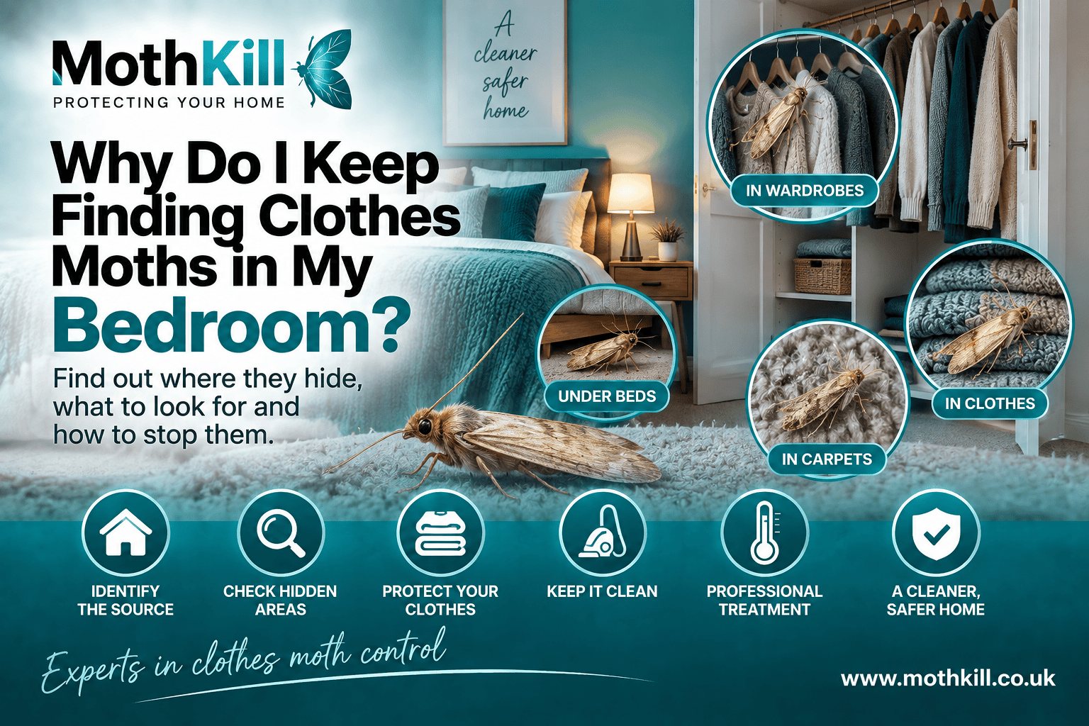 Clothes moths in a bedroom showing common hiding places in wardrobes, carpets, clothes and under beds