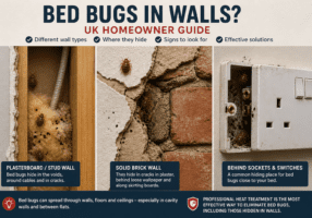 Bed bugs hiding inside UK wall types including plasterboard stud walls and cracked brick walls