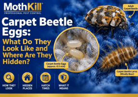 Carpet beetle eggs hidden in carpet fibres with an adult carpet beetle and woolly bear larva.