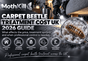 Carpet beetle treatment cost UK guide showing professional inspection and carpet beetle larvae