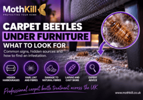 Carpet beetle larvae under furniture beside carpet edges and accumulated fibres