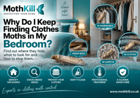Clothes moths in a bedroom showing common hiding places in wardrobes, carpets, clothes and under beds